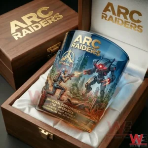 ARC Raiders commemorative glass displayed inside a wooden collector box!