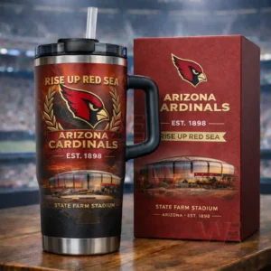 Arizona Cardinals themed insulated tumbler with a straw and handle beside a red gift box showing the team logo and stadium artwork.