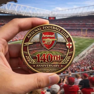 Hand holding Arsenal 140th anniversary commemorative coin with stadium artwork and 1886 2026 text in front of a crowded arena