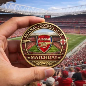 Hand holding Arsenal matchday coin with club crest stadium design and matchday text in front of a crowded stadium