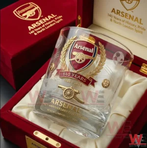 Commemorative Arsenal whisky glass with detailed club crest and anniversary markings displayed in a red collector presentation box!