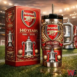 Arsenal anniversary tumbler with ornate crest design box and trophy artwork displayed in stadium setting!