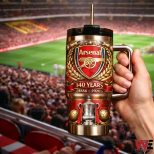 Arsenal Football Club 140th Anniversary Collector Tumbler 4 Handheld Arsenal themed insulated tumbler with stadium crowd in background!