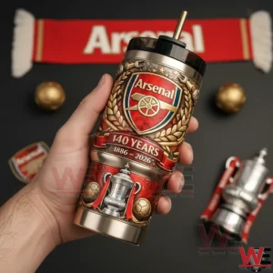 Arsenal Football Club 140th Anniversary Collector Tumbler 5 Close up Arsenal anniversary tumbler with detailed crest and metallic finish!