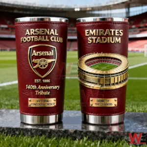 Two Arsenal insulated tumblers with red leather texture gold lettering club crest anniversary tribute and three dimensional Emirates Stadium design displayed on the football field!