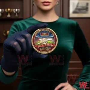 Arsenal Football Club The Gunners Coin 7 A gloved hand held by a female model displaying an Arsenal Football Club commemorative coin with trophies in the background!