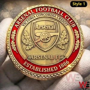 Arsenal Football Club The Gunners Coin 8 A macro view of an Arsenal Football Club commemorative coin emphasizing the emblem text and established year!