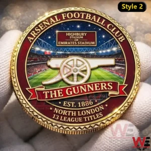 Arsenal Football Club The Gunners Coin 9 A close view of an Arsenal Football Club coin showing the cannon logo stadium scene and historic club text!