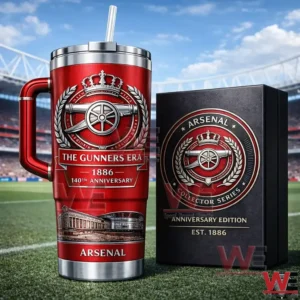 Red Arsenal themed insulated tumbler with handle and straw next to a collector series box on a football field with stadium seats behind!