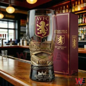 Aston Villa 150th anniversary pilsner glass with club crest and stadium design on a bar counter!