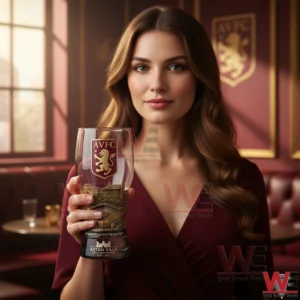 Woman holding Aston Villa 150th anniversary pilsner glass in a classic lounge setting!