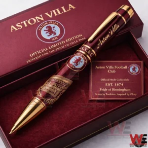 A Close Up Of An Aston Villa Branded Burgundy And Gold Pen In A Gift Box With Club Logo And Limited Edition Text.
