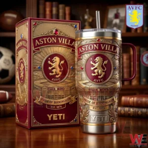 Aston Villa pride of Birmingham insulated tumbler and matching decorative box with gold detailed AVFC lion crest displayed on a wooden surface!