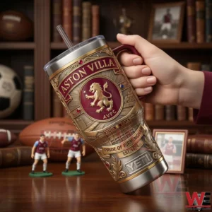 Aston Villa Pride of Birmingham Yeti 40oz Tumbler 4 Hand holding an Aston Villa pride of Birmingham insulated tumbler with detailed gold AVFC lion crest and claret handle!