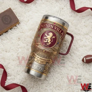 Aston Villa Pride of Birmingham Yeti 40oz Tumbler 5 Aston Villa pride of Birmingham insulated tumbler with gold AVFC lion crest placed on a white textured surface with football decor!