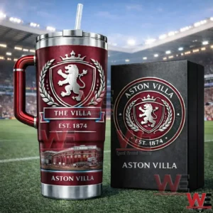 Maroon Aston Villa tumbler with handle and straw next to a matching gift box on a football field inside a stadium!
