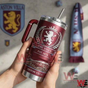 Hands holding a maroon Aston Villa tumbler with handle and straw with the club crest and Est 1874 design!