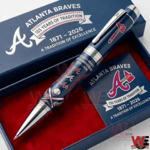 Commemorative Atlanta Braves anniversary pen in a blue presentation box with team logos and baseball design elements!