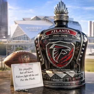 Atlanta Falcons anniversary edition bottle with a falcon shield emblem displayed with an NFL football and an inspirational quote card in front of a stadium background!