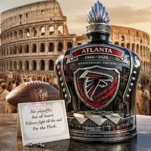 Atlanta Falcons 1966 2026 anniversary edition bottle with a falcon shield emblem shown with a football and quote card in front of a historic amphitheater background!