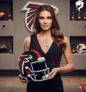 A woman wearing a black outfit holds an Atlanta Falcons football helmet built from toy building blocks with team decor displayed behind her!