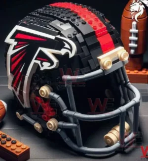 Atlanta Falcons NFL Helmet Building Blocks Set 3 A building block model football helmet with Atlanta Falcons branding sits on a surface surrounded by sports themed elements!