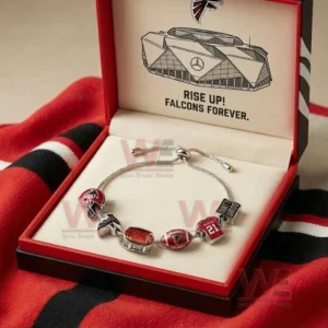 Silver adjustable charm bracelet in a red gift box with Rise Up Falcons Forever text and Atlanta football themed charms including helmet logo stadium football and jersey number!