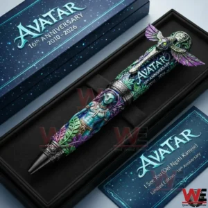 Avatar themed anniversary collectible pen displayed in a black presentation box with detailed Na vi artwork and commemorative packaging!