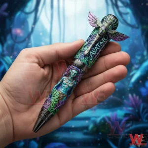 Hand holding an Avatar themed collectible pen with detailed Na vi artwork against a glowing fantasy forest background!