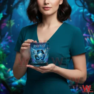 Person holding an Avatar 17th anniversary glass against a themed background!