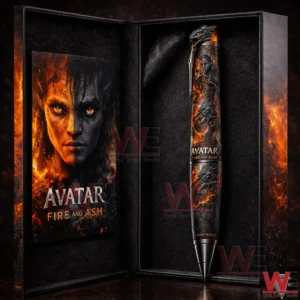 Open presentation case with an Avatar Fire And Ash themed pen on the right and a matching character art card on the left inside a black foam lined box.