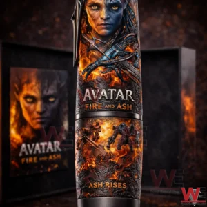 Close up view of an Avatar Fire And Ash themed pen showing a character portrait fiery cracked textures and the text Avatar Fire And Ash with Ash Rises near the bottom.