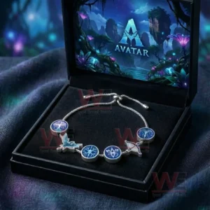 Open black gift box holding a silver adjustable charm bracelet with blue themed charms and a lid illustration featuring an Avatar fantasy forest scene.
