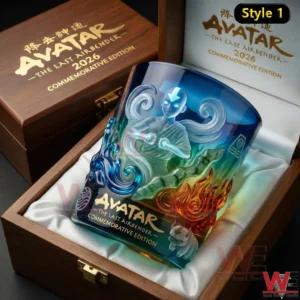 A decorative Avatar themed glass resting in an open wooden box with vivid elemental designs visible on the surface!