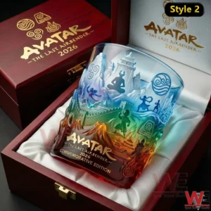 A themed Avatar glass featuring scenic artwork and elemental imagery placed inside a red wooden box!