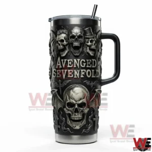 Black insulated tumbler with skull and bat wing designs a rock band logo and a handle displayed on a clean white background!