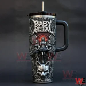 BABYMETAL Band 40oz Tumbler 4 A studio style photo of a Yeti tumbler displaying BABYMETAL artwork isolated on a dark background for clear product focus!