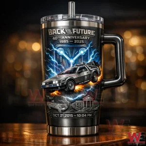 Black stainless steel handled tumbler with Back to the Future 40th Anniversary 1985 2025 design showing the DeLorean with blue lightning and the date Oct 21 2015 1004 PM.