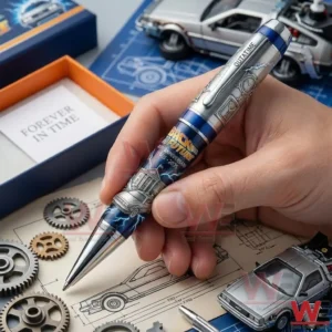 Hand holding a time travel themed metal pen above engineering drawings gears and miniature car models!