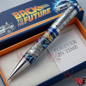 Time travel themed metal pen displayed inside an open presentation box with cinematic artwork!