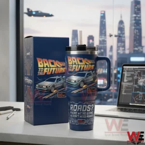 Back To The Future Delorean Time Machine Yeti Tumbler 4 Back to the Future insulated tumbler with matching box displayed on a desk overlooking a futuristic city!