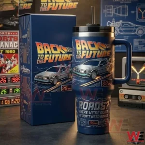 Back To The Future Delorean Time Machine Yeti Tumbler 5 Back to the Future themed insulated tumbler and box displayed on a desk with retro movie decorations!