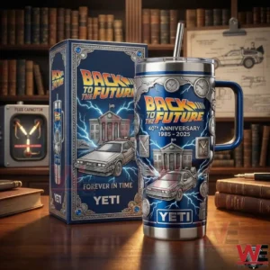 A Back To The Future insulated tumbler and matching box displayed on a table with books and retro science fiction decor!