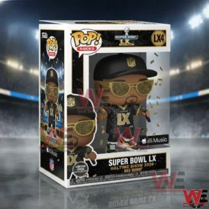 A boxed music collectible figure featuring a black and gold outfit sunglasses microphone and Super Bowl LX themed packaging set in a stadium background!