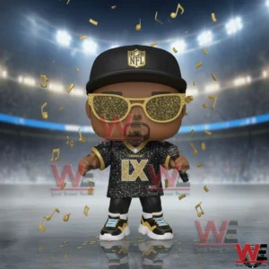 Bad Bunny Super Bowl LX 2026 Halftime Show Pop Figure 4 A music themed collectible figure on a stadium field dressed in black and gold with sunglasses microphone and decorative musical notes in the air!