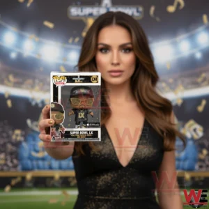 Bad Bunny Super Bowl LX 2026 Halftime Show Pop Figure 5 A woman standing in a stadium holding a boxed music collectible figure with Super Bowl LX branding and a dramatic football event background!