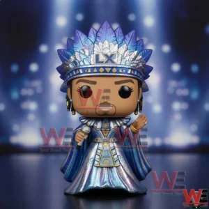 Blue dressed performer vinyl figure with a microphone and decorative headdress displayed under bright stage lighting!