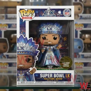 Bad Bunny Super Bowl LX Benito Dress Pop Figure 4 Packaged performer vinyl figure in event themed display box with colorful background graphics!