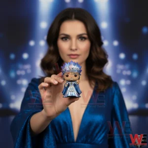 Bad Bunny Super Bowl LX Benito Dress Pop Figure 5 Woman holding a small blue performer vinyl figure in front of a glowing stage light background!