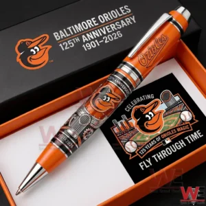 Orange Baltimore Orioles commemorative pen in a black and orange gift box marked 125th anniversary 1901 2026 with team logo and celebration card.